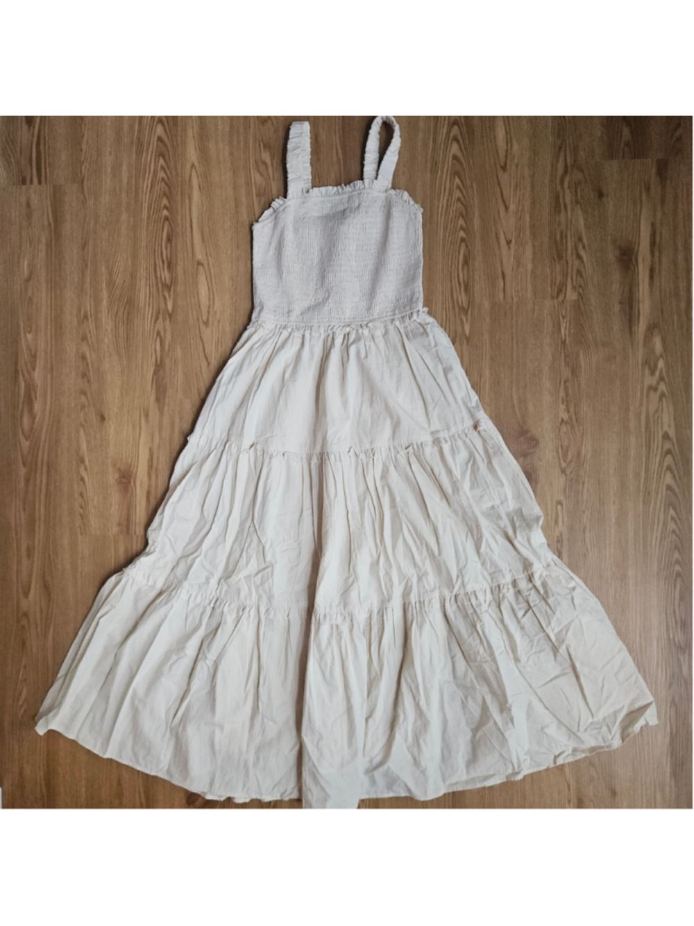 Dress Forum Boho Beige Smocked Tiered Midi Dress Tank Straps Womens Small